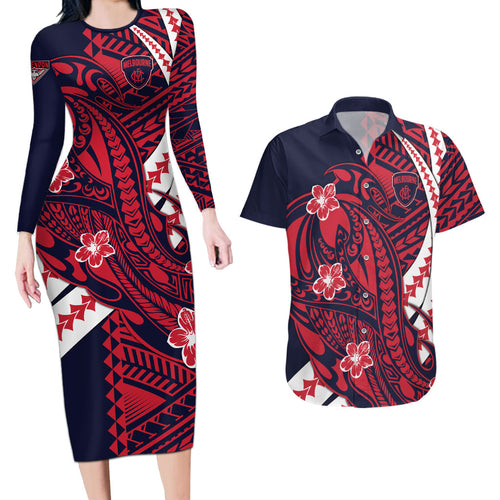 Personalized Melbourne Demons Couples Matching Long Sleeve Bodycon Dress and Hawaiian Shirt Polynesian Tribal Demon Mascot With Hibiscus Floral Art