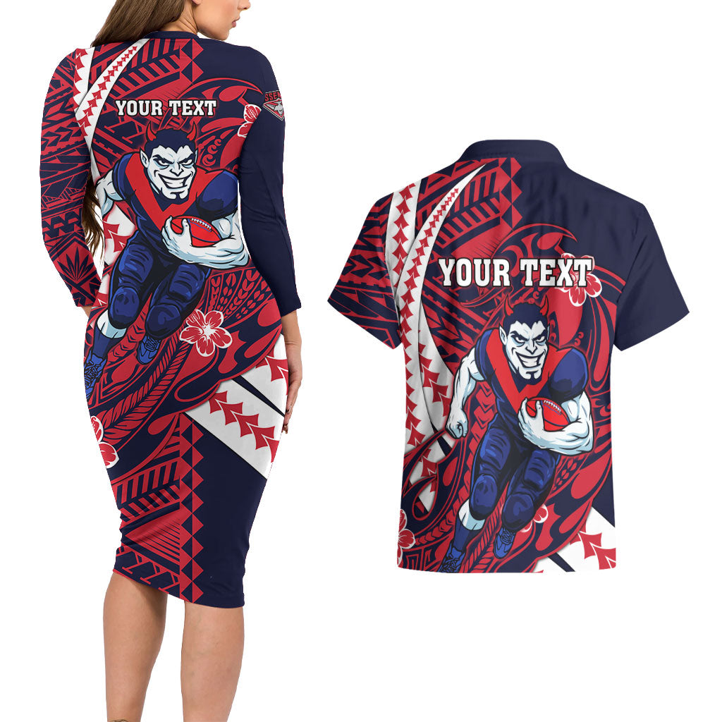 Personalized Melbourne Demons Couples Matching Long Sleeve Bodycon Dress and Hawaiian Shirt Polynesian Tribal Demon Mascot With Hibiscus Floral Art