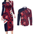 Personalized Melbourne Demons Couples Matching Long Sleeve Bodycon Dress and Long Sleeve Button Shirt Polynesian Tribal Demon Mascot With Hibiscus Floral Art