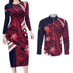 Personalized Melbourne Demons Couples Matching Long Sleeve Bodycon Dress and Long Sleeve Button Shirt Polynesian Tribal Demon Mascot With Hibiscus Floral Art