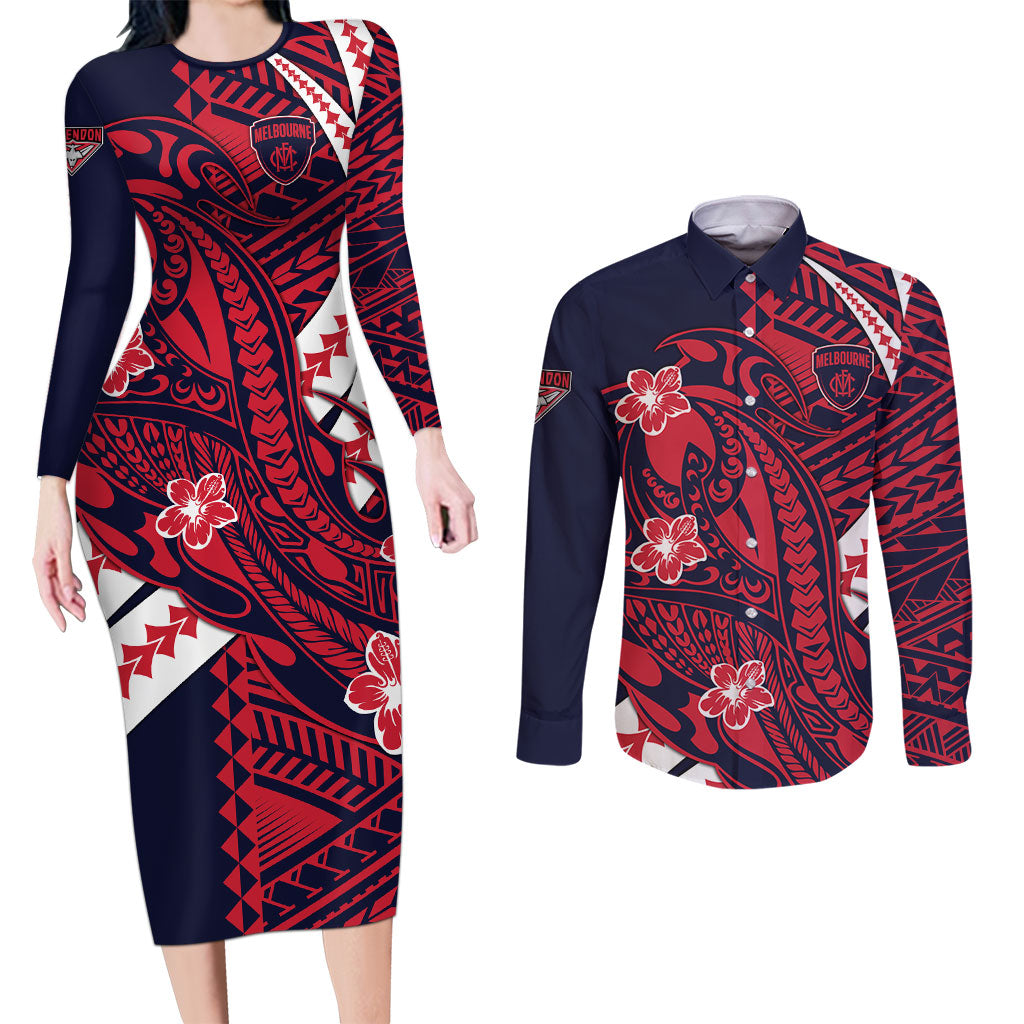 Personalized Melbourne Demons Couples Matching Long Sleeve Bodycon Dress and Long Sleeve Button Shirt Polynesian Tribal Demon Mascot With Hibiscus Floral Art