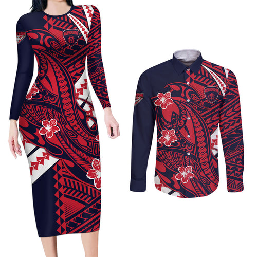 Personalized Melbourne Demons Couples Matching Long Sleeve Bodycon Dress and Long Sleeve Button Shirt Polynesian Tribal Demon Mascot With Hibiscus Floral Art