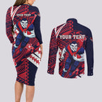 Personalized Melbourne Demons Couples Matching Long Sleeve Bodycon Dress and Long Sleeve Button Shirt Polynesian Tribal Demon Mascot With Hibiscus Floral Art