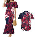 Personalized Melbourne Demons Couples Matching Mermaid Dress and Hawaiian Shirt Polynesian Tribal Demon Mascot With Hibiscus Floral Art