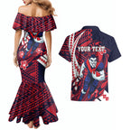 Personalized Melbourne Demons Couples Matching Mermaid Dress and Hawaiian Shirt Polynesian Tribal Demon Mascot With Hibiscus Floral Art