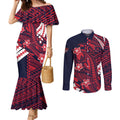 Personalized Melbourne Demons Couples Matching Mermaid Dress and Long Sleeve Button Shirt Polynesian Tribal Demon Mascot With Hibiscus Floral Art