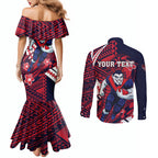 Personalized Melbourne Demons Couples Matching Mermaid Dress and Long Sleeve Button Shirt Polynesian Tribal Demon Mascot With Hibiscus Floral Art