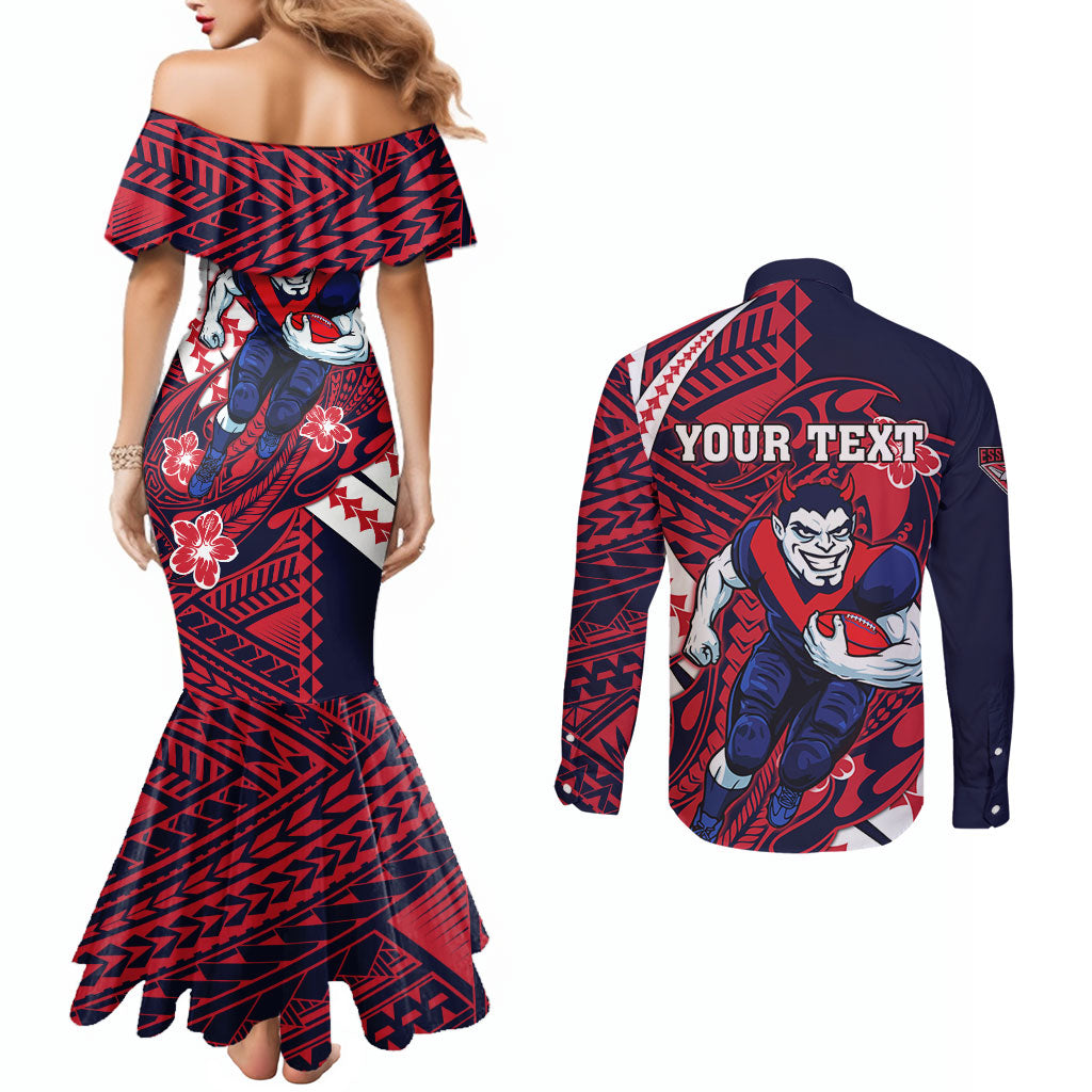 Personalized Melbourne Demons Couples Matching Mermaid Dress and Long Sleeve Button Shirt Polynesian Tribal Demon Mascot With Hibiscus Floral Art
