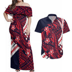 Personalized Melbourne Demons Couples Matching Off Shoulder Maxi Dress and Hawaiian Shirt Polynesian Tribal Demon Mascot With Hibiscus Floral Art
