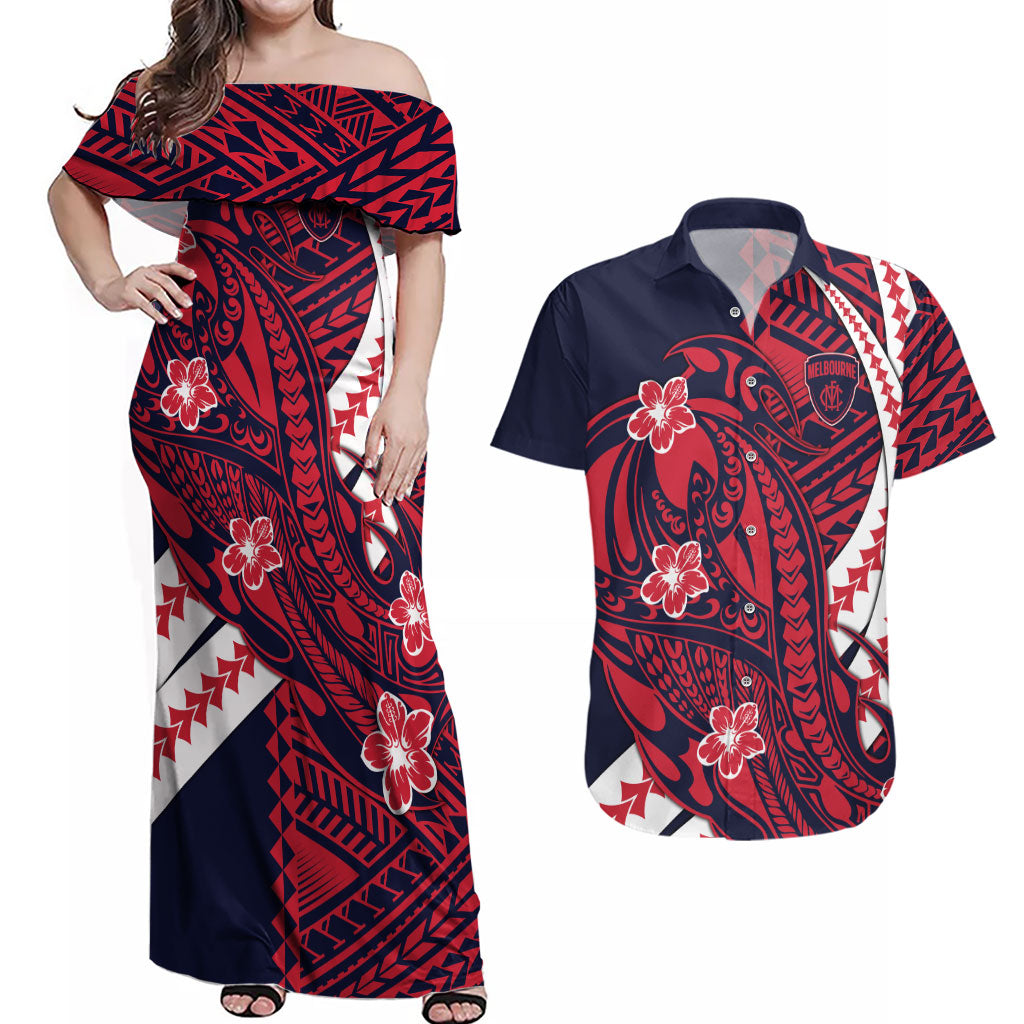 Personalized Melbourne Demons Couples Matching Off Shoulder Maxi Dress and Hawaiian Shirt Polynesian Tribal Demon Mascot With Hibiscus Floral Art