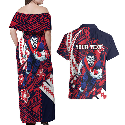 Personalized Melbourne Demons Couples Matching Off Shoulder Maxi Dress and Hawaiian Shirt Polynesian Tribal Demon Mascot With Hibiscus Floral Art