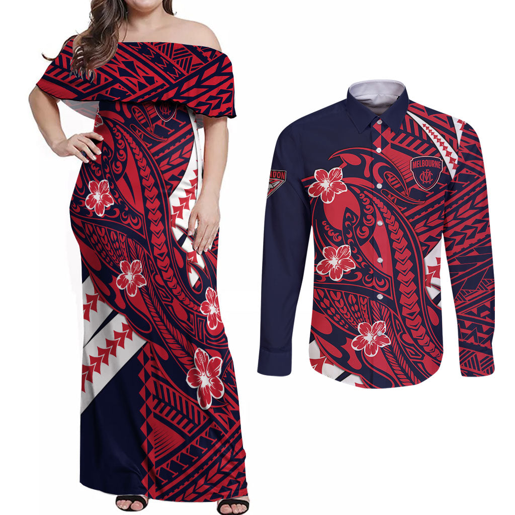 Personalized Melbourne Demons Couples Matching Off Shoulder Maxi Dress and Long Sleeve Button Shirt Polynesian Tribal Demon Mascot With Hibiscus Floral Art