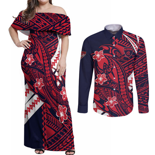 Personalized Melbourne Demons Couples Matching Off Shoulder Maxi Dress and Long Sleeve Button Shirt Polynesian Tribal Demon Mascot With Hibiscus Floral Art
