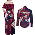 Personalized Melbourne Demons Couples Matching Off Shoulder Maxi Dress and Long Sleeve Button Shirt Polynesian Tribal Demon Mascot With Hibiscus Floral Art