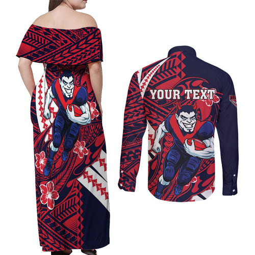 Personalized Melbourne Demons Couples Matching Off Shoulder Maxi Dress and Long Sleeve Button Shirt Polynesian Tribal Demon Mascot With Hibiscus Floral Art