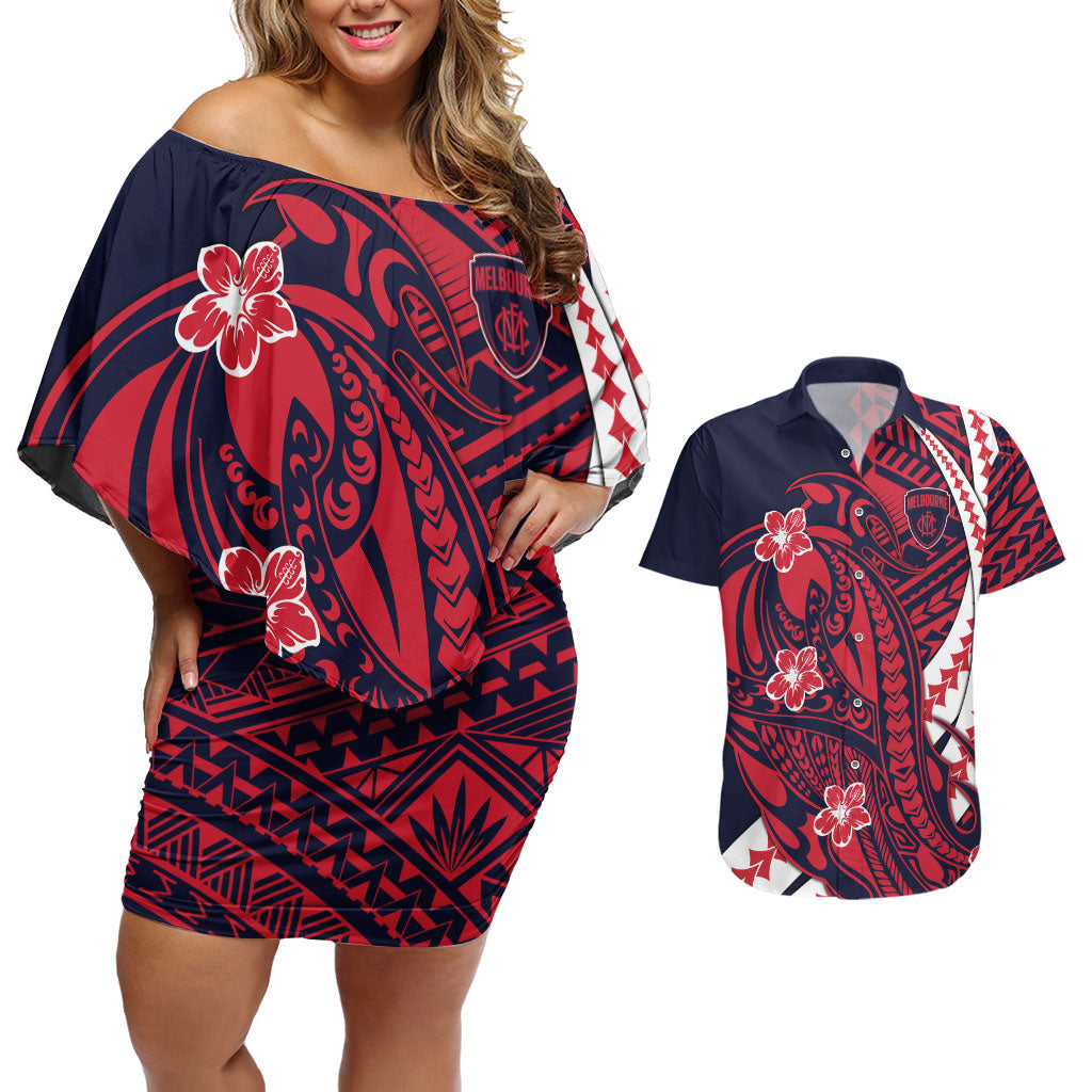 Personalized Melbourne Demons Couples Matching Off Shoulder Short Dress and Hawaiian Shirt Polynesian Tribal Demon Mascot With Hibiscus Floral Art
