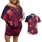 Personalized Melbourne Demons Couples Matching Off Shoulder Short Dress and Hawaiian Shirt Polynesian Tribal Demon Mascot With Hibiscus Floral Art