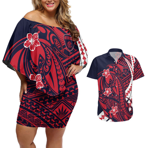 Personalized Melbourne Demons Couples Matching Off Shoulder Short Dress and Hawaiian Shirt Polynesian Tribal Demon Mascot With Hibiscus Floral Art