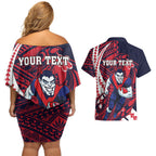 Personalized Melbourne Demons Couples Matching Off Shoulder Short Dress and Hawaiian Shirt Polynesian Tribal Demon Mascot With Hibiscus Floral Art