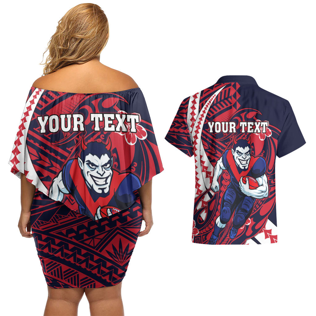Personalized Melbourne Demons Couples Matching Off Shoulder Short Dress and Hawaiian Shirt Polynesian Tribal Demon Mascot With Hibiscus Floral Art