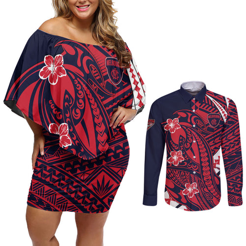 Personalized Melbourne Demons Couples Matching Off Shoulder Short Dress and Long Sleeve Button Shirt Polynesian Tribal Demon Mascot With Hibiscus Floral Art