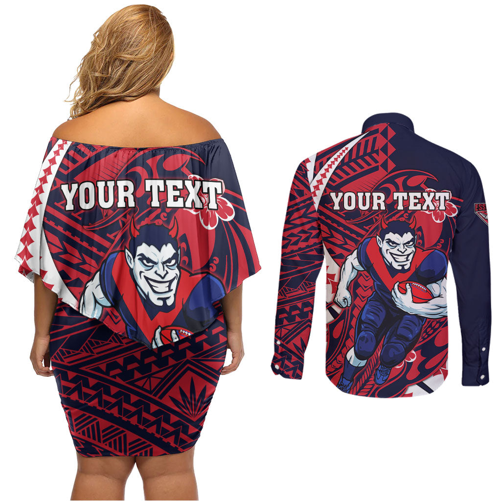 Personalized Melbourne Demons Couples Matching Off Shoulder Short Dress and Long Sleeve Button Shirt Polynesian Tribal Demon Mascot With Hibiscus Floral Art