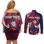 Personalized Melbourne Demons Couples Matching Off Shoulder Short Dress and Long Sleeve Button Shirt Polynesian Tribal Demon Mascot With Hibiscus Floral Art