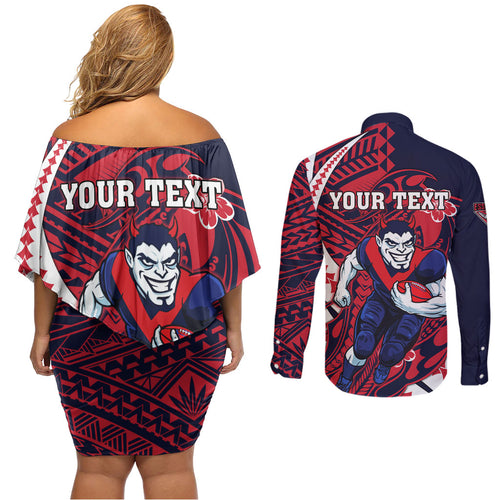 Personalized Melbourne Demons Couples Matching Off Shoulder Short Dress and Long Sleeve Button Shirt Polynesian Tribal Demon Mascot With Hibiscus Floral Art