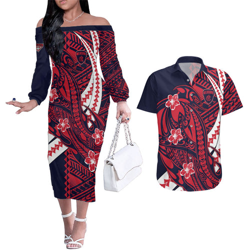 Personalized Melbourne Demons Couples Matching Off The Shoulder Long Sleeve Dress and Hawaiian Shirt Polynesian Tribal Demon Mascot With Hibiscus Floral Art
