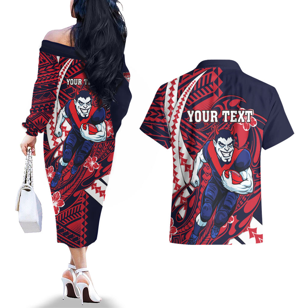 Personalized Melbourne Demons Couples Matching Off The Shoulder Long Sleeve Dress and Hawaiian Shirt Polynesian Tribal Demon Mascot With Hibiscus Floral Art