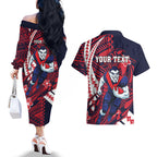 Personalized Melbourne Demons Couples Matching Off The Shoulder Long Sleeve Dress and Hawaiian Shirt Polynesian Tribal Demon Mascot With Hibiscus Floral Art