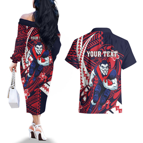 Personalized Melbourne Demons Couples Matching Off The Shoulder Long Sleeve Dress and Hawaiian Shirt Polynesian Tribal Demon Mascot With Hibiscus Floral Art