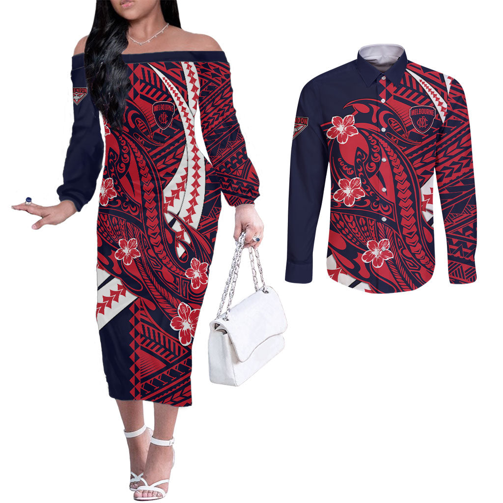 Personalized Melbourne Demons Couples Matching Off The Shoulder Long Sleeve Dress and Long Sleeve Button Shirt Polynesian Tribal Demon Mascot With Hibiscus Floral Art