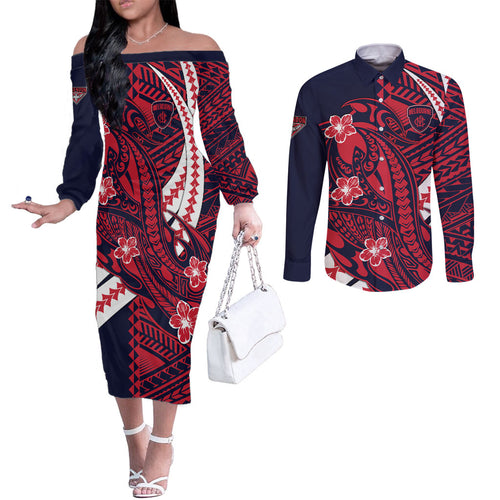 Personalized Melbourne Demons Couples Matching Off The Shoulder Long Sleeve Dress and Long Sleeve Button Shirt Polynesian Tribal Demon Mascot With Hibiscus Floral Art