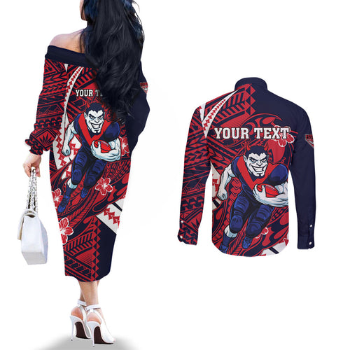 Personalized Melbourne Demons Couples Matching Off The Shoulder Long Sleeve Dress and Long Sleeve Button Shirt Polynesian Tribal Demon Mascot With Hibiscus Floral Art