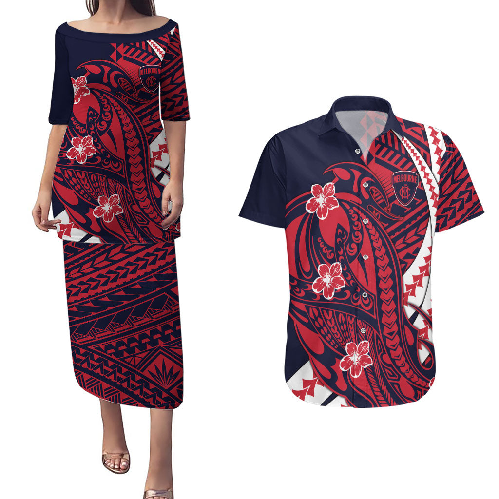 Personalized Melbourne Demons Couples Matching Puletasi and Hawaiian Shirt Polynesian Tribal Demon Mascot With Hibiscus Floral Art