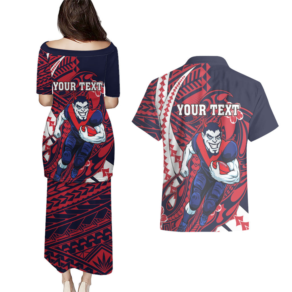 Personalized Melbourne Demons Couples Matching Puletasi and Hawaiian Shirt Polynesian Tribal Demon Mascot With Hibiscus Floral Art
