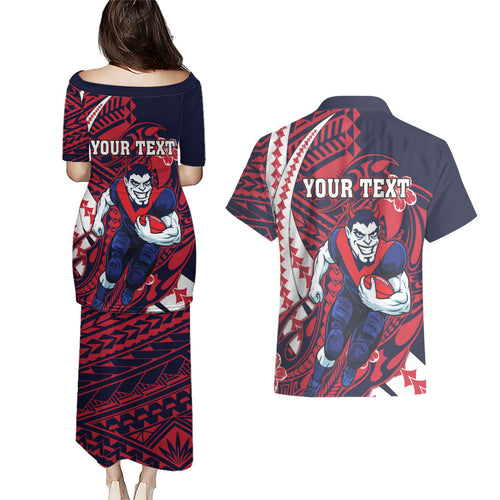Personalized Melbourne Demons Couples Matching Puletasi and Hawaiian Shirt Polynesian Tribal Demon Mascot With Hibiscus Floral Art