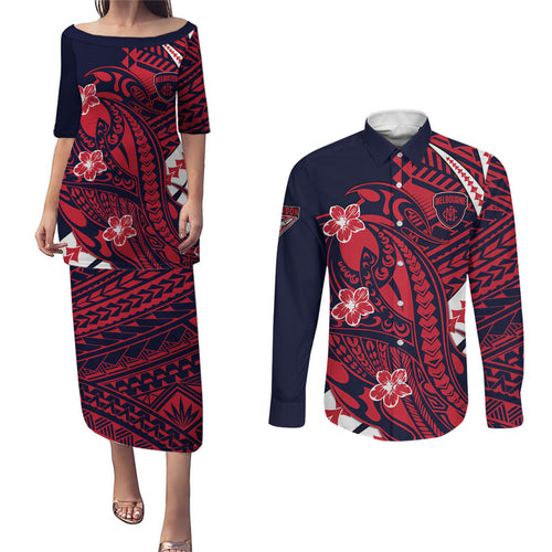 Personalized Melbourne Demons Couples Matching Puletasi and Long Sleeve Button Shirt Polynesian Tribal Demon Mascot With Hibiscus Floral Art