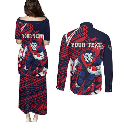 Personalized Melbourne Demons Couples Matching Puletasi and Long Sleeve Button Shirt Polynesian Tribal Demon Mascot With Hibiscus Floral Art