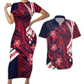 Personalized Melbourne Demons Couples Matching Short Sleeve Bodycon Dress and Hawaiian Shirt Polynesian Tribal Demon Mascot With Hibiscus Floral Art