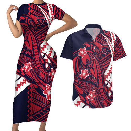 Personalized Melbourne Demons Couples Matching Short Sleeve Bodycon Dress and Hawaiian Shirt Polynesian Tribal Demon Mascot With Hibiscus Floral Art