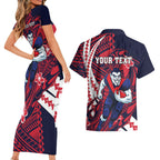 Personalized Melbourne Demons Couples Matching Short Sleeve Bodycon Dress and Hawaiian Shirt Polynesian Tribal Demon Mascot With Hibiscus Floral Art
