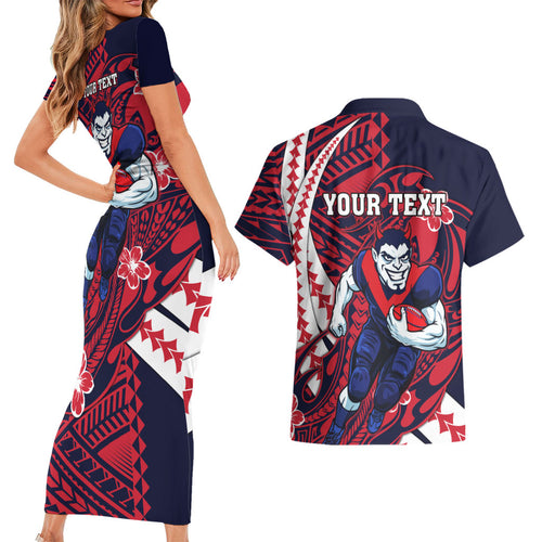 Personalized Melbourne Demons Couples Matching Short Sleeve Bodycon Dress and Hawaiian Shirt Polynesian Tribal Demon Mascot With Hibiscus Floral Art