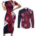 Personalized Melbourne Demons Couples Matching Short Sleeve Bodycon Dress and Long Sleeve Button Shirt Polynesian Tribal Demon Mascot With Hibiscus Floral Art