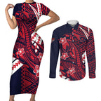 Personalized Melbourne Demons Couples Matching Short Sleeve Bodycon Dress and Long Sleeve Button Shirt Polynesian Tribal Demon Mascot With Hibiscus Floral Art