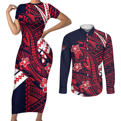 Personalized Melbourne Demons Couples Matching Short Sleeve Bodycon Dress and Long Sleeve Button Shirt Polynesian Tribal Demon Mascot With Hibiscus Floral Art