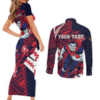 Personalized Melbourne Demons Couples Matching Short Sleeve Bodycon Dress and Long Sleeve Button Shirt Polynesian Tribal Demon Mascot With Hibiscus Floral Art