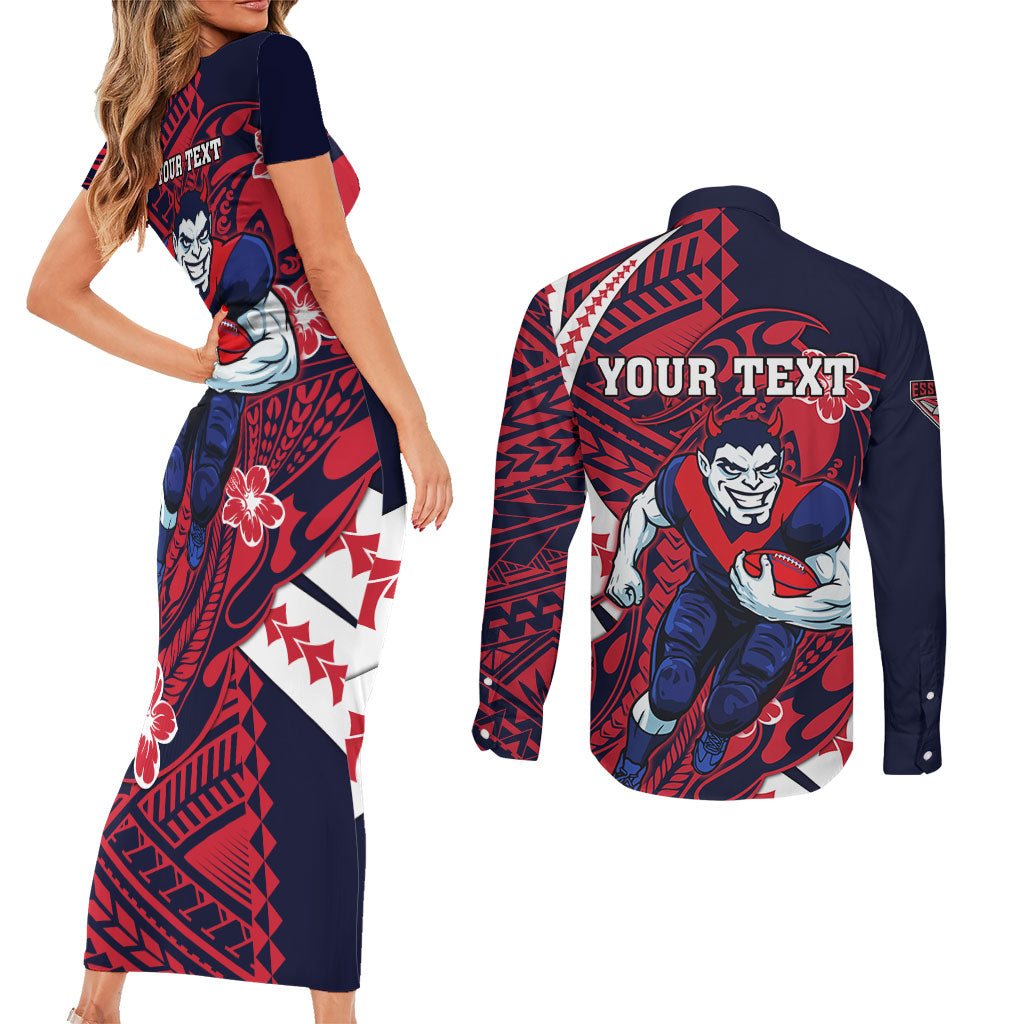 Personalized Melbourne Demons Couples Matching Short Sleeve Bodycon Dress and Long Sleeve Button Shirt Polynesian Tribal Demon Mascot With Hibiscus Floral Art