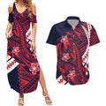 Personalized Melbourne Demons Couples Matching Summer Maxi Dress and Hawaiian Shirt Polynesian Tribal Demon Mascot With Hibiscus Floral Art